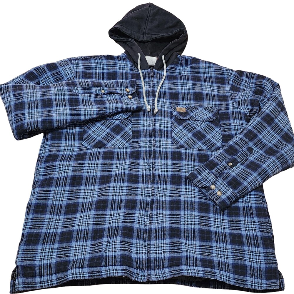 Wrangler Riggs Workwear Jacket Mens Large Blue Plaid Hooded Quilted Flannel